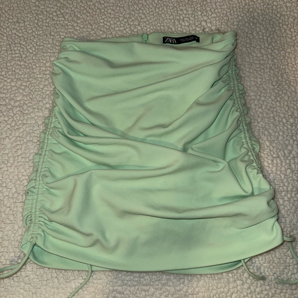 Zara Light Green Ruched Mini Skirt